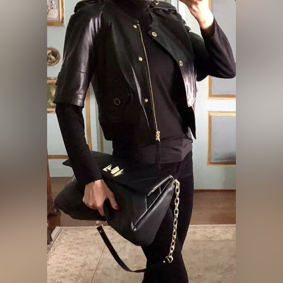 TORY BURCH Green Lambskin & Sweater-Sleeved Biker Jacket Sz XS - Picture 7 of 12